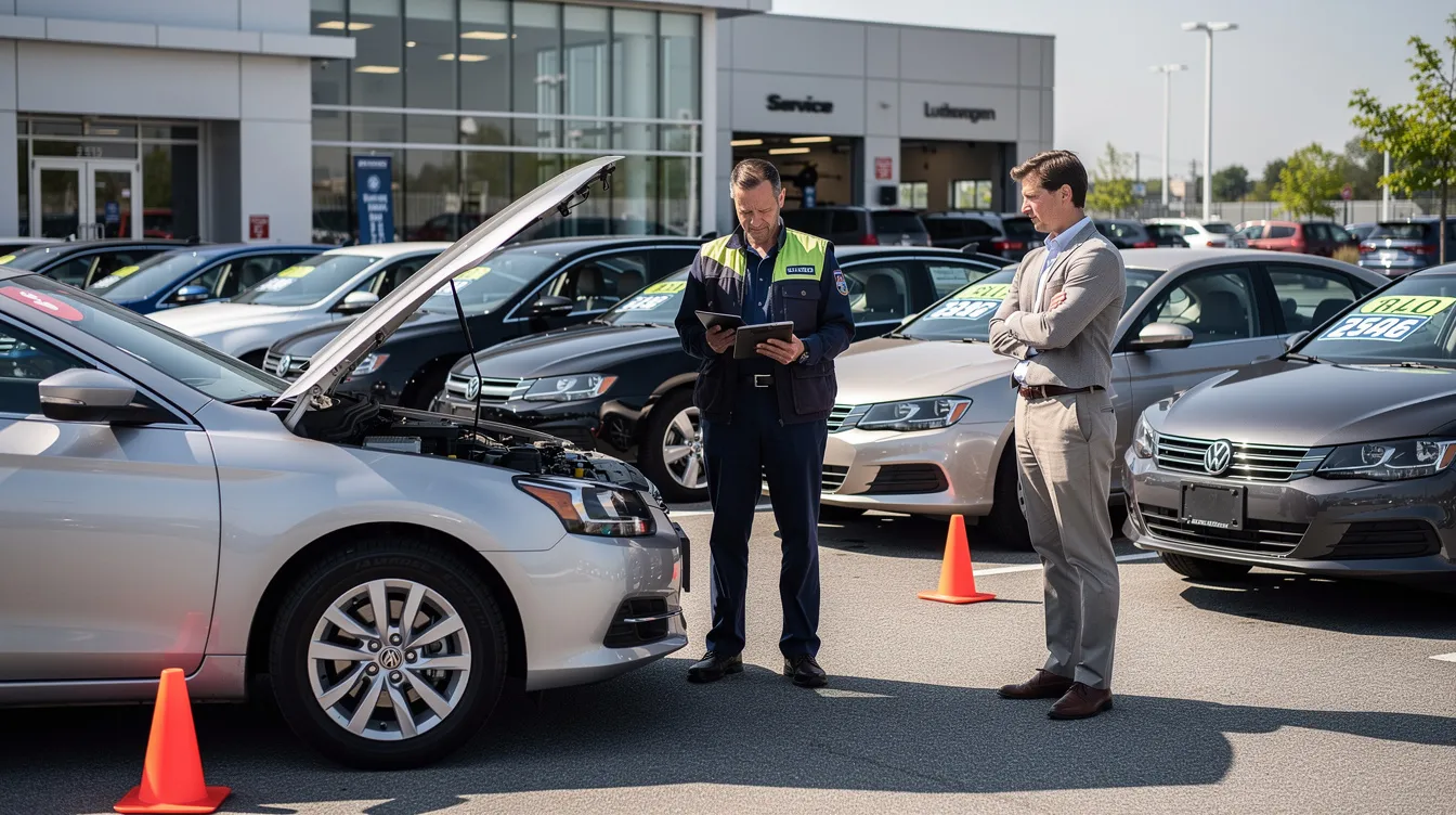 A vehicle inspection is taking place at a car dealership lot, where a technician is carefully examining a finished vehicle to ensure it meets quality standards for safe and secure transportation. The inspection highlights the importance of thorough checks in the automotive industry to guarantee reliable delivery and customer satisfaction.