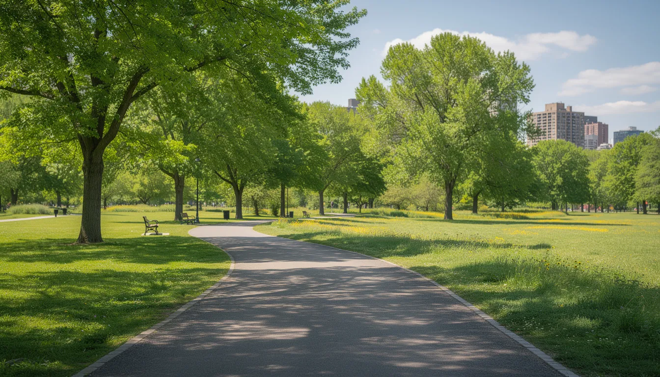 Ein asphaltierter Weg schlängelt sich durch einen grünen Stadtpark, umgeben von Bäumen und Wiesen, während die Sonne strahlt. Diese Szenerie bietet eine ideale Kulisse für Firmenläufe und Veranstaltungen, die Teamgeist und Bewegung fördern.