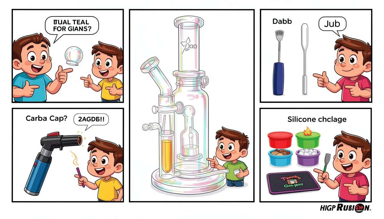 Die essentielle Ausrüstung für das Dabben, einschließlich eines Dab Rigs und Dabbing Tools.