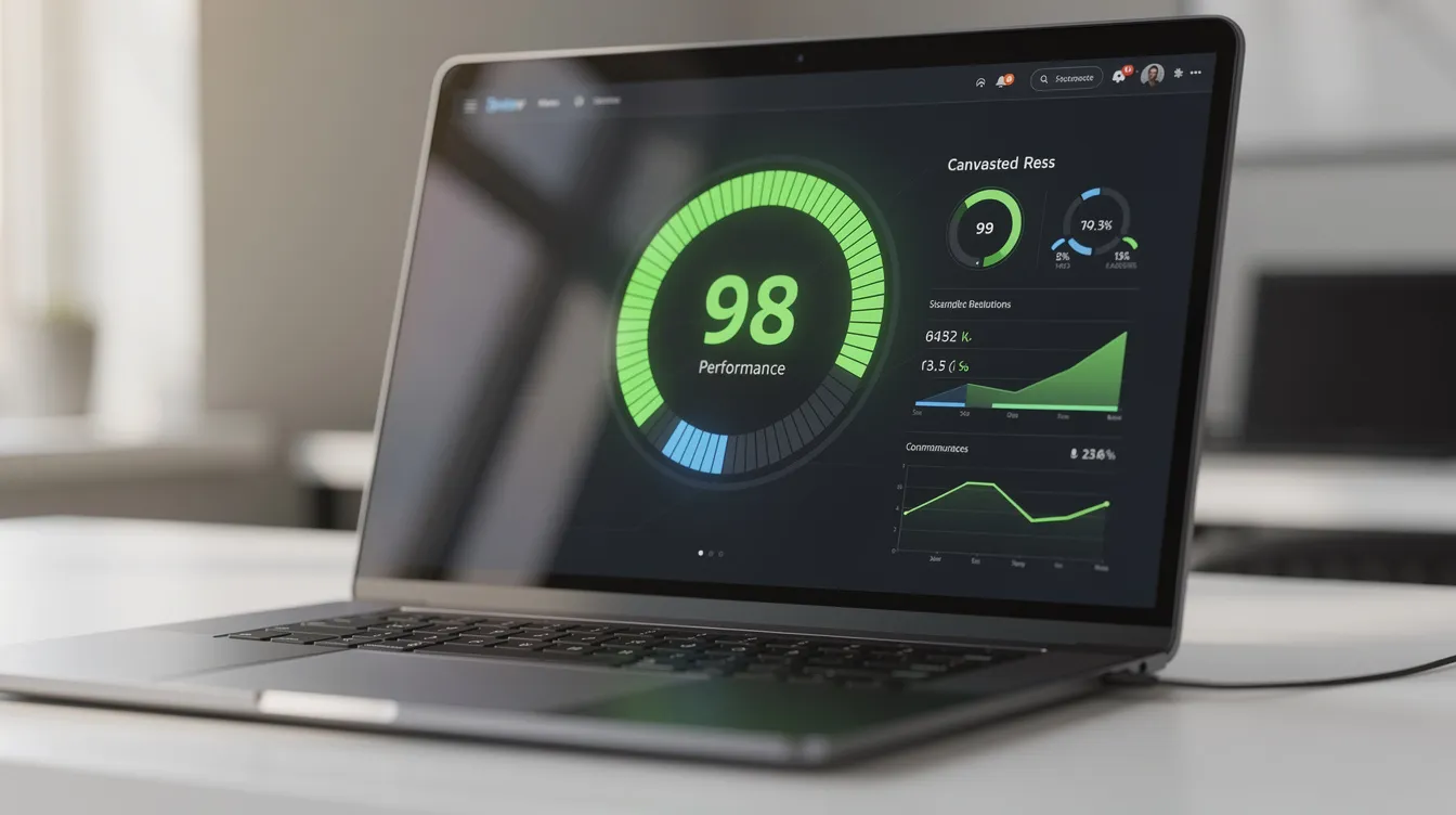 The image shows a close-up of a laptop screen displaying a website speed test result, featuring a green performance score, indicating a fast loading time. This suggests the website is optimized for mobile users, ensuring a smooth experience on mobile devices and enhancing its search engine optimization.