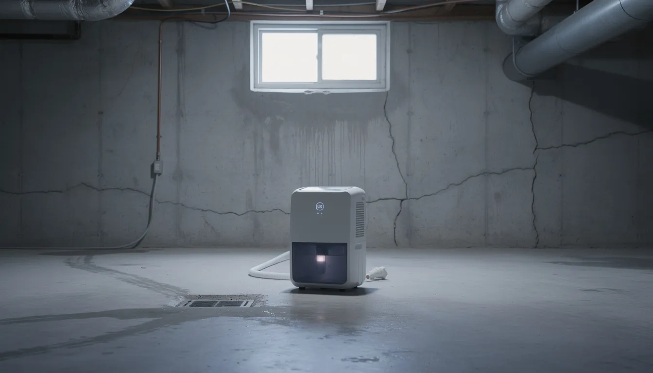 A dehumidifier is actively running in a basement with bare concrete walls, helping to reduce indoor humidity levels and prevent mold growth. This device is essential for maintaining a healthy living environment, as it can mitigate health risks associated with mold exposure, such as respiratory issues and allergic reactions.