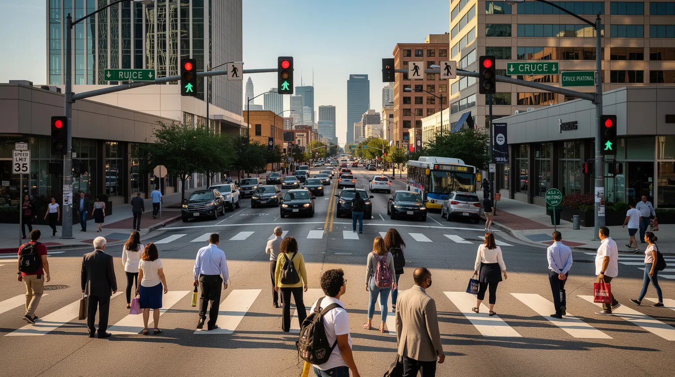 En la imagen se observa un cruce peatonal concurrido en una avenida de Houston, donde varios peatones esperan para cruzar mientras los vehículos se detienen en los semáforos. Este tipo de situaciones puede dar lugar a accidentes peatonales en Houston, lo que resalta la importancia de la seguridad vial y la atención legal en caso de lesiones.