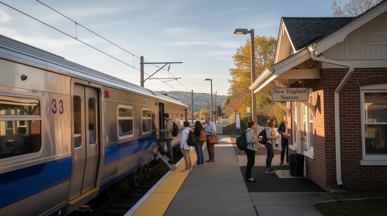 A commuter train is seen at a small New England station platform, where passengers are boarding on a clear morning. The scene captures the essence of commuting to Groton, CT from local towns, highlighting the connection between suburban life and major cities in Connecticut.
