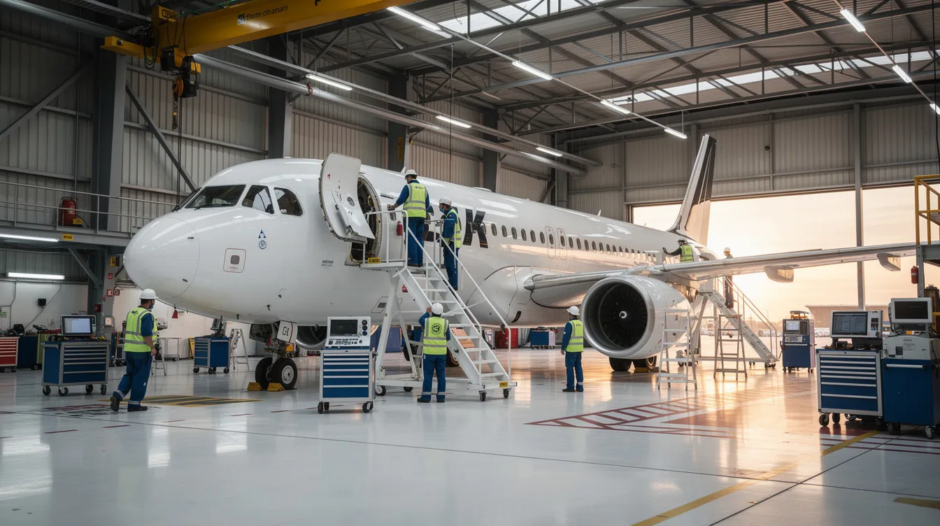 The image shows an aircraft parked inside a hangar, where technicians, likely aviation maintenance technicians, are preparing for maintenance work. This scene highlights the hands-on training and job opportunities available through aviation apprenticeship programs, emphasizing the importance of skilled mechanics in the aviation industry.