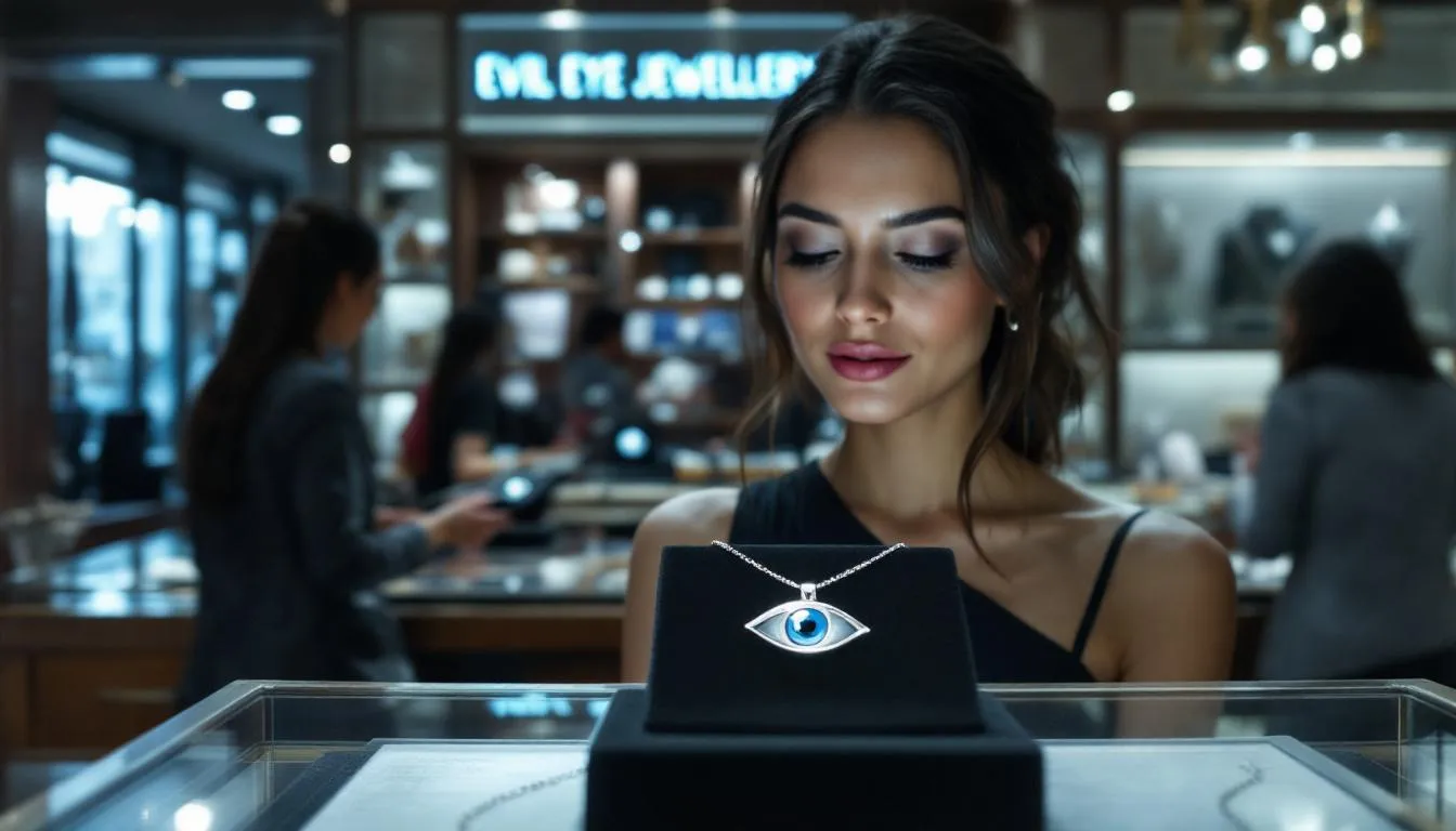 The image depicts a person browsing for evil eye jewellery on a laptop, surrounded by various pieces of jewellery, illustrating the differences between shopping online and in-store in London. The scene highlights the convenience of adding items to a cart and checking stock availability while emphasizing the protective qualities of the evil eye.