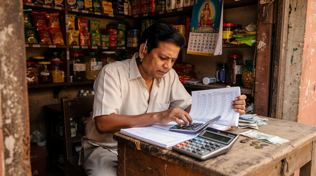 5054400a 3694 446e 9f0e 43ac32ca0136 A small Indian shop owner is seated at a counter, carefully reviewing financial documents alongside a calculator and a ledger book, reflecting the importance of financial discipline in managing micro enterprises. This scene highlights the critical role of financial institutions in providing affordable credit and financial assistance, such as mudra loans, to support small businesses and income-generating activities.