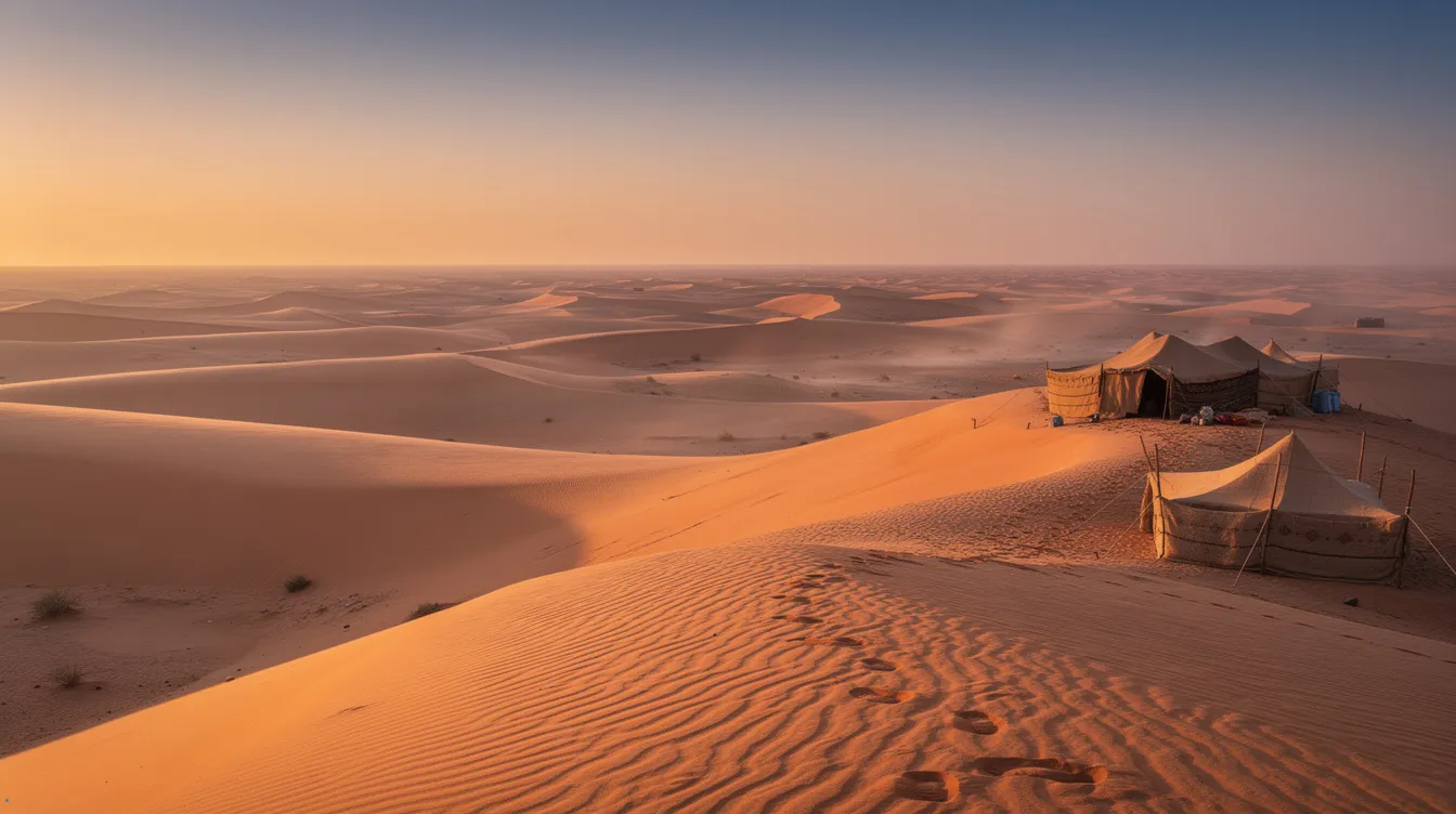 A stunning sunrise casts warm orange light over a vast desert landscape, highlighting the smooth curves of sand dunes and a small cluster of traditional Berber-style tents in the distance, evoking the serene beauty of a Sahara desert tour. This picturesque scene captures the essence of desert landscapes, inviting travelers to explore the unique experiences that await in the heart of Morocco.