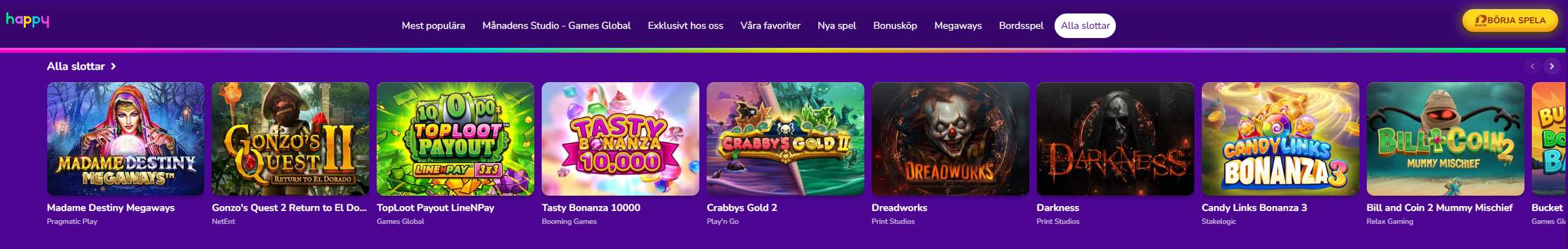 Slots hos Happy Casino med spel från bland annat Pragmatic Play, NetEnt, Play'n GO och Relax Gaming.