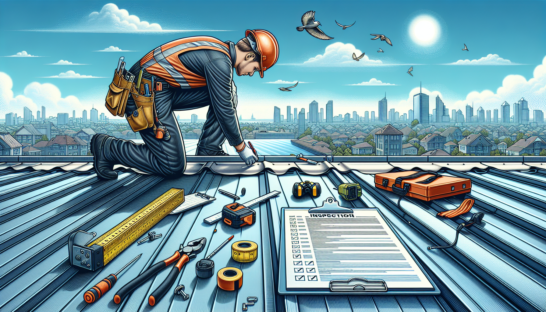 An illustration depicting the maintenance and inspection of commercial roofs.