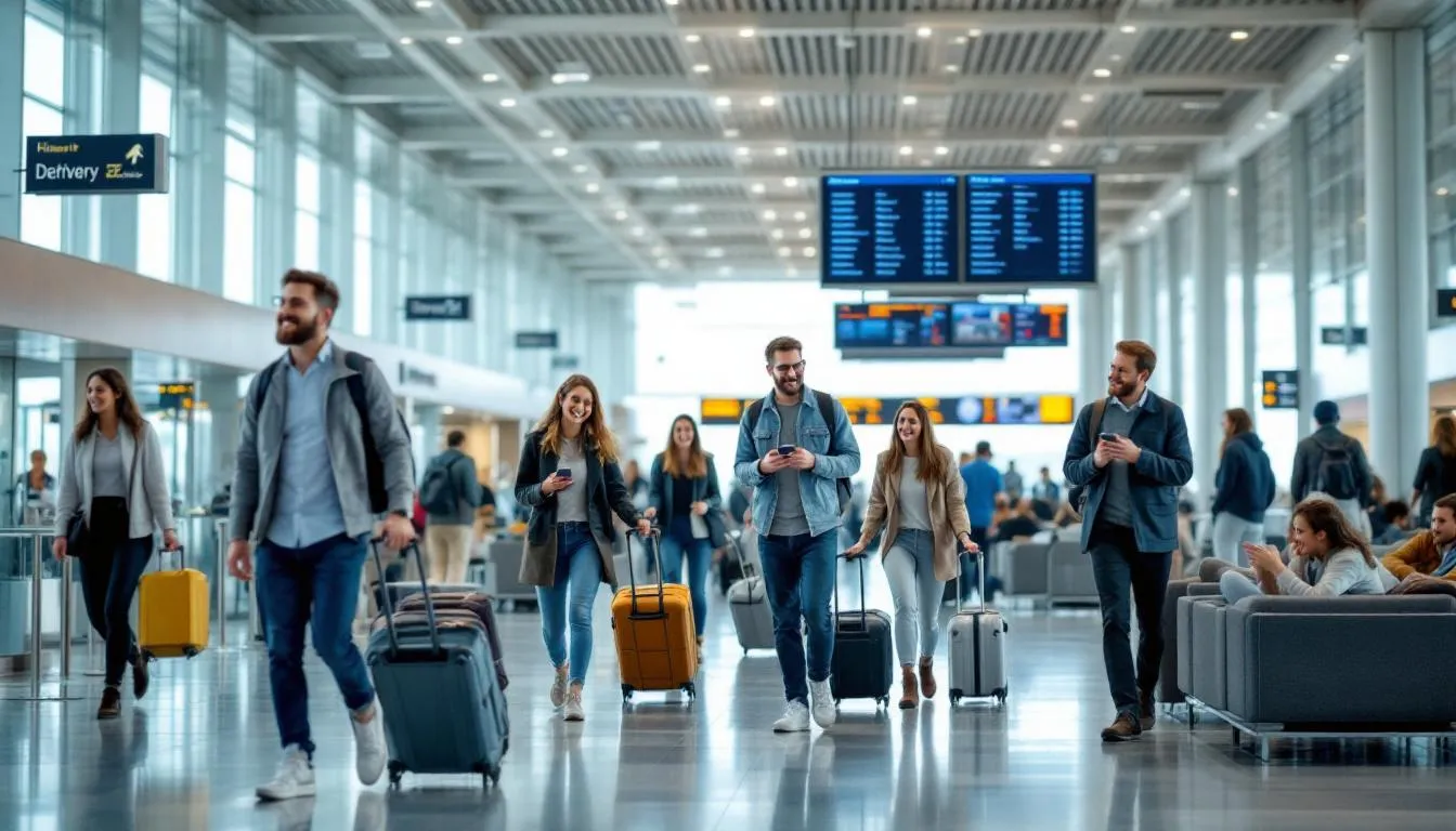 Imagem mostra um grupo de pessoas felizes, com sorrisos, caminhando em um aeroporto moderno, cercadas por lojas e áreas de descanso. Elas parecem animadas, prontas para embarcar em uma nova viagem, refletindo a alegria de explorar destinos ao redor do mundo.