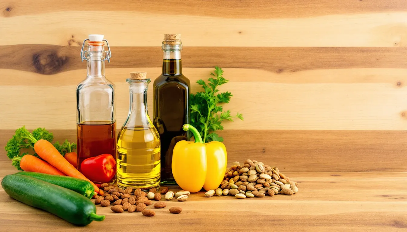 A wooden cutting board displays an assortment of healthy cooking ingredients, including various oils such as olive oil, canola oil, and grapeseed oil, alongside fresh vegetables and a selection of nuts. This vibrant arrangement highlights the versatility of these oils, which are ideal for everyday cooking, roasting vegetables, and creating nutritious salad dressings.