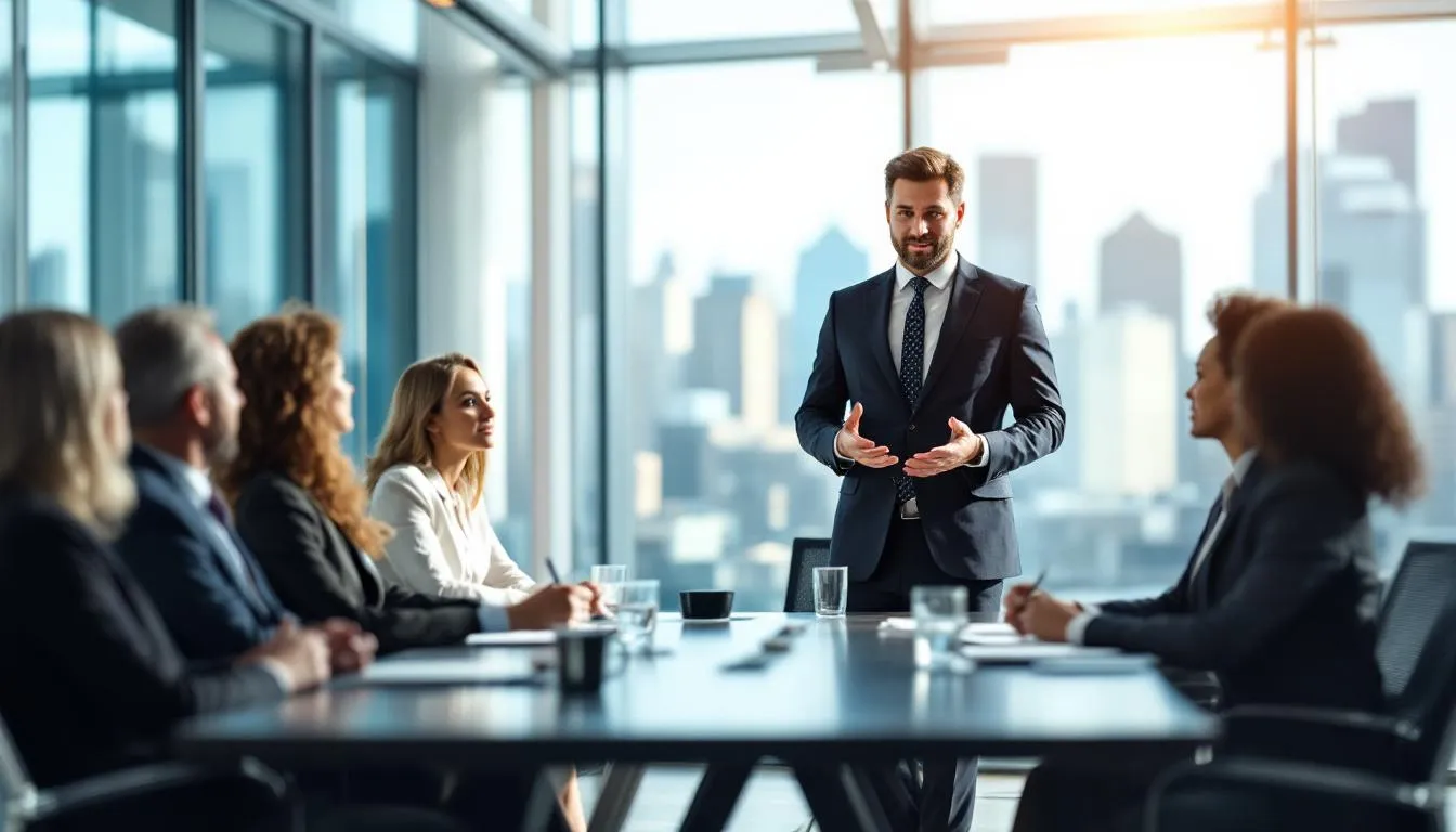 Der Geschäftsführer präsentiert eine umfassende ESG-Strategie vor dem Aufsichtsrat, um die Bedeutung von Umwelt, sozialen Aspekten und Unternehmensführung für zukünftige Investitionen und nachhaltige Unternehmensführung zu unterstreichen. Die Präsentation betont die Relevanz von Nachhaltigkeitskriterien und -standards für die langfristige Wettbewerbsfähigkeit des Unternehmens.