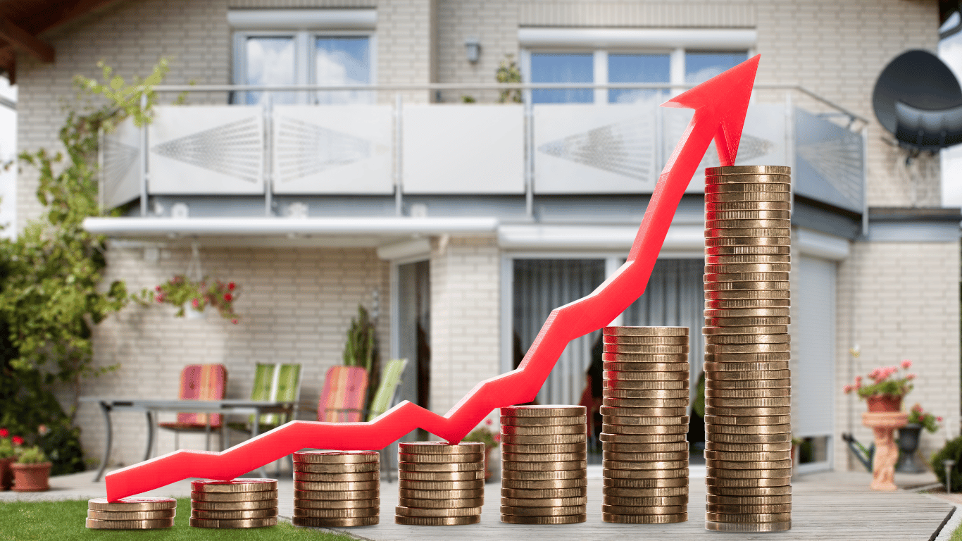 A red arrow rises over stacks of coins in front of a modern home, symbolizing homes selling for higher values, continued growth driven by young professionals and other investors, and the rewards of thorough research, professional photography, and long-term wealth in real estate.