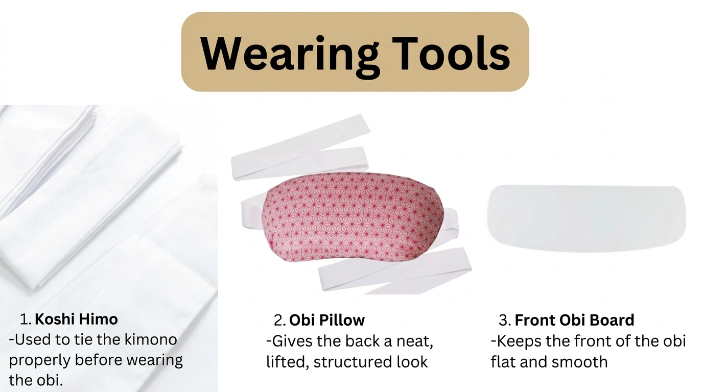 The image features various kimono dressing accessories, including koshi-himo, a small pillow and obita. These items, commonly used for securing and styling an obi, reflect the elegance of Japanese fashion.