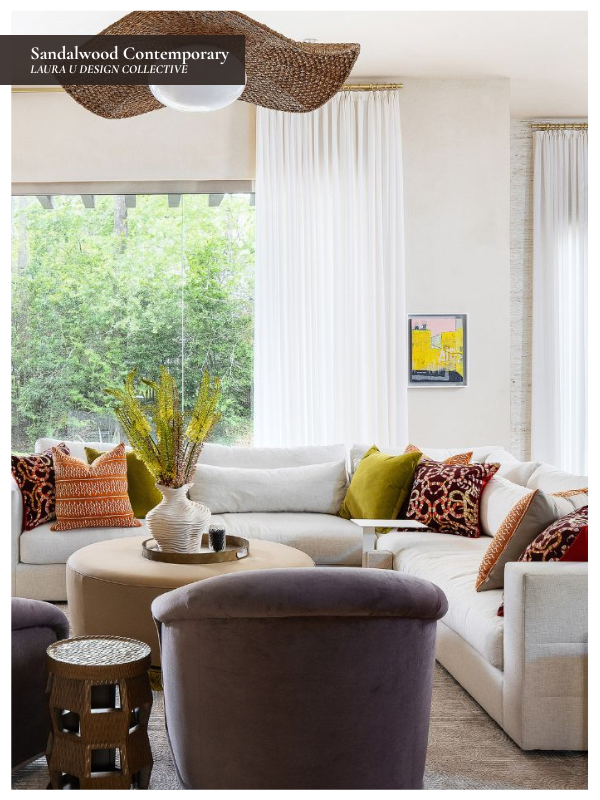 the Sandalwood Contemporary living room; a detail photo with chairs, an ottoman, and a sofa