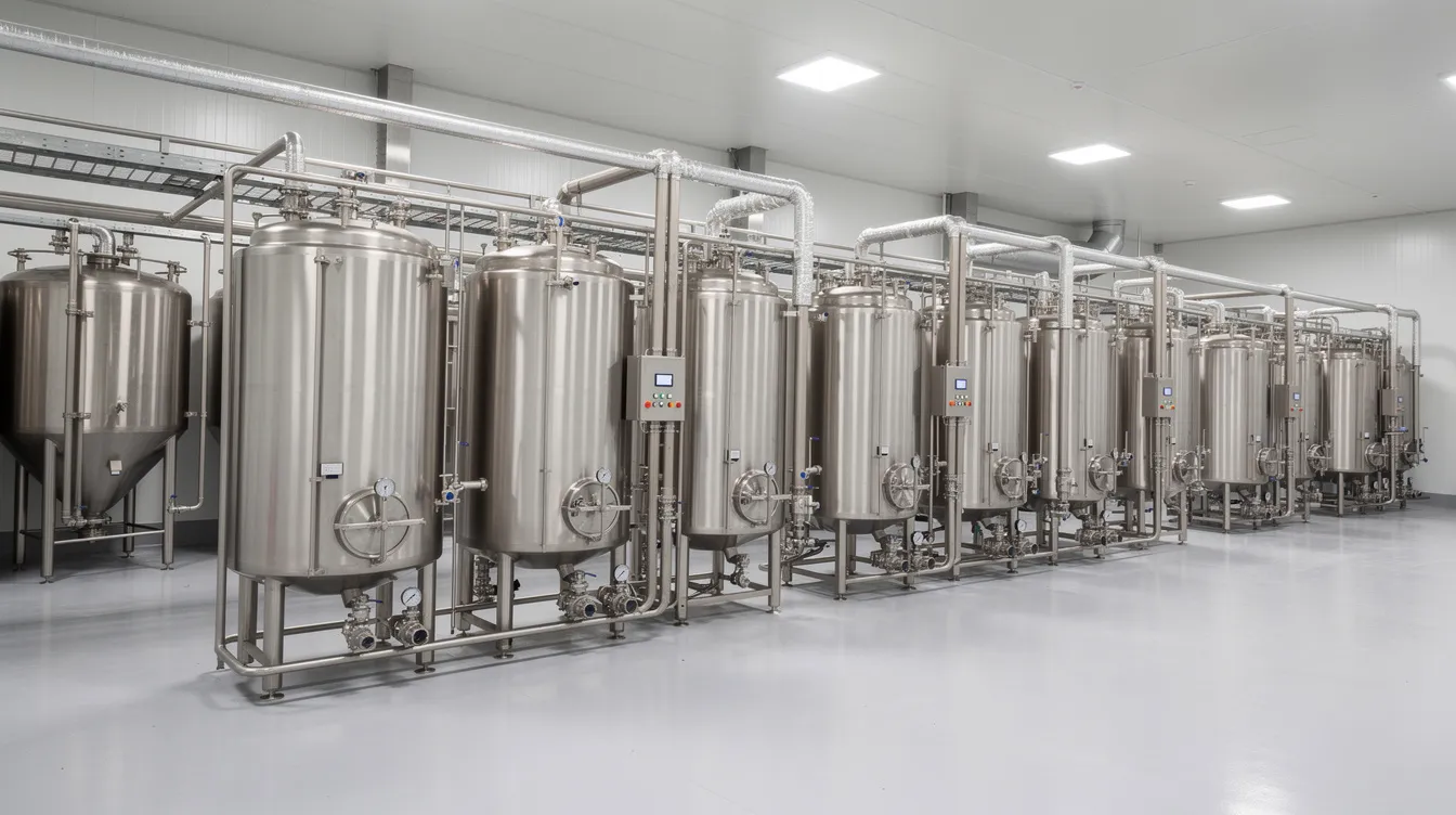 The image depicts a modern industrial dairy processing plant featuring stainless steel equipment, including a milk pasteurizer and large storage tanks, set on a factory floor. This setup is essential for efficient milk processing and quality control in the dairy industry, supporting various products like pasteurized milk, yogurt, and cheese.