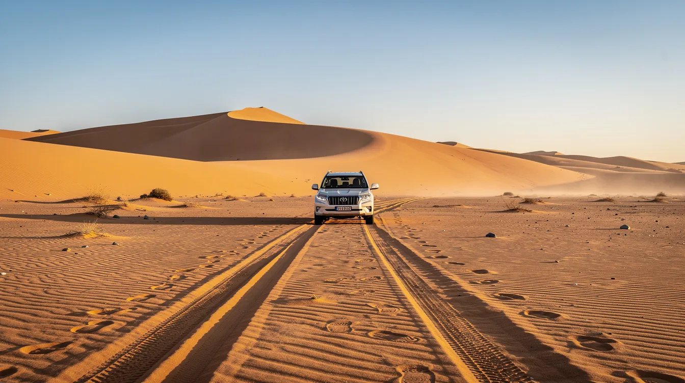 Een witte SUV geparkeerd op een zandpiste tussen goudkleurige duinen.
