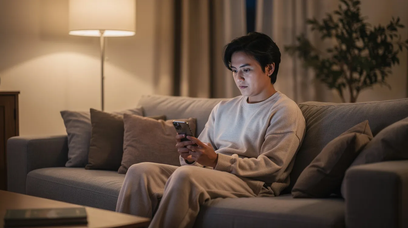 A person is sitting comfortably at home, using a smartphone and looking thoughtfully at the screen, possibly engaging with online dating apps or social media. The scene suggests a moment of reflection on personal connections and online dating safety.