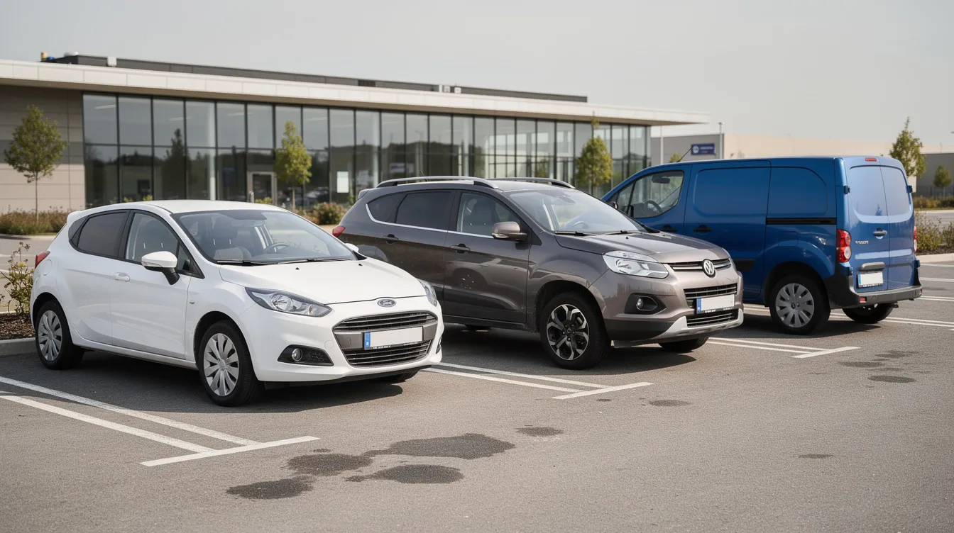 Une citadine, un SUV et un utilitaire alignés sur un parking.