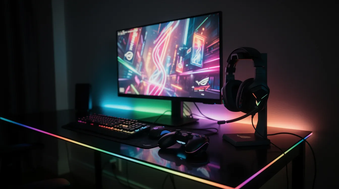 Das Bild zeigt einen modernen Gaming-Schreibtisch in einem abgedunkelten Raum, auf dem ein Controller und ein Headset liegen. Der leuchtende Monitor im Hintergrund könnte für Spiele wie "Call of Duty" oder "Black Ops" genutzt werden, während die Atmosphäre des Raumes die Spannung und den Spaß des Gamings vermittelt.
