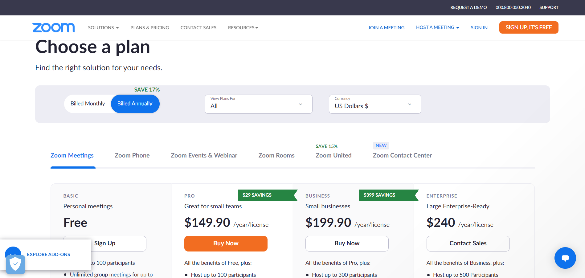 Zoom pricing page