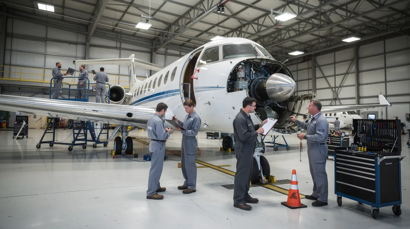 A group of aviation maintenance technician students is gathered around a training aircraft inside a hangar, actively engaging in hands-on learning. They are focused on various aspects of aircraft maintenance, preparing to meet the requirements for their mechanic certificate as part of their curriculum in an FAA-approved part 147 program.