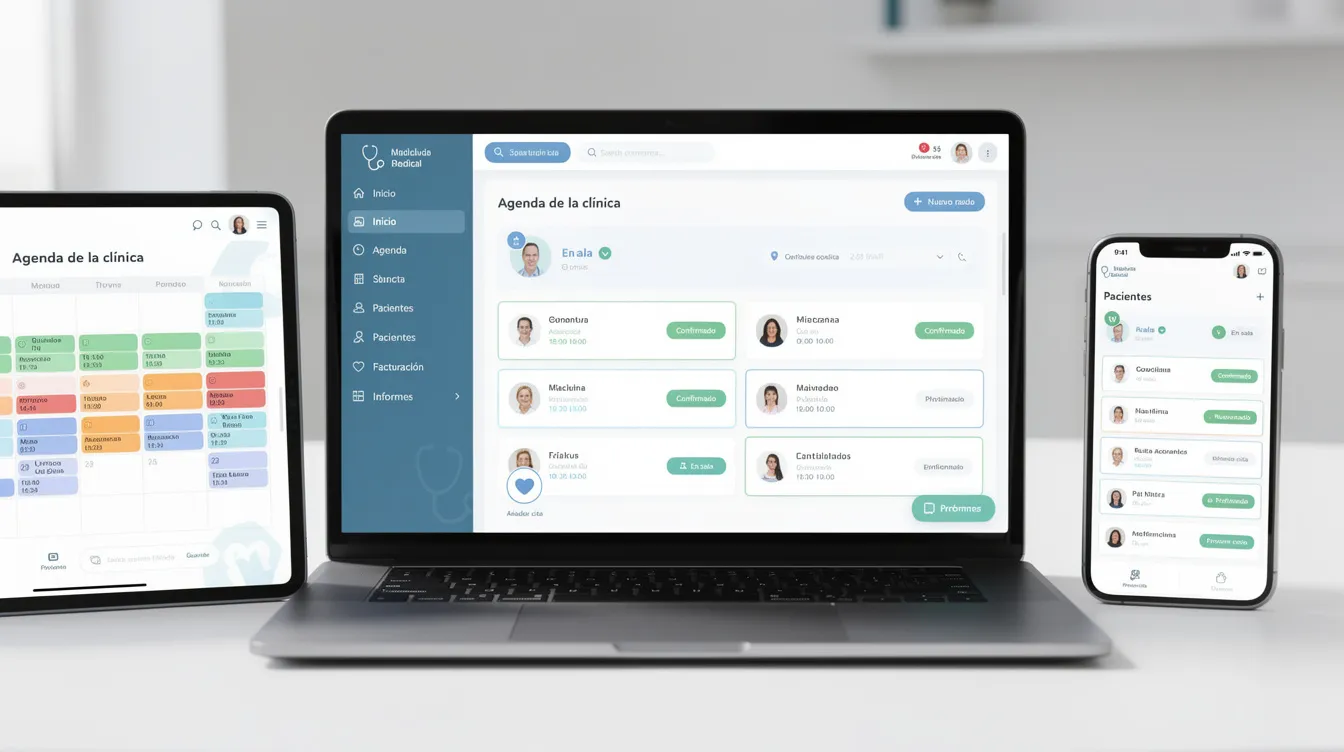 La imagen muestra múltiples dispositivos, como tabletas y computadoras, que visualizan una plataforma de gestión de clínicas, donde se puede acceder a la historia clínica electrónica de los pacientes, incluyendo datos de salud, diagnósticos y tratamientos. Esta herramienta facilita la recopilación de información y mejora la coordinación entre médicos y profesionales de la salud.