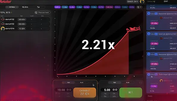 Aviator casino game interface showing gameplay mechanics and betting options
