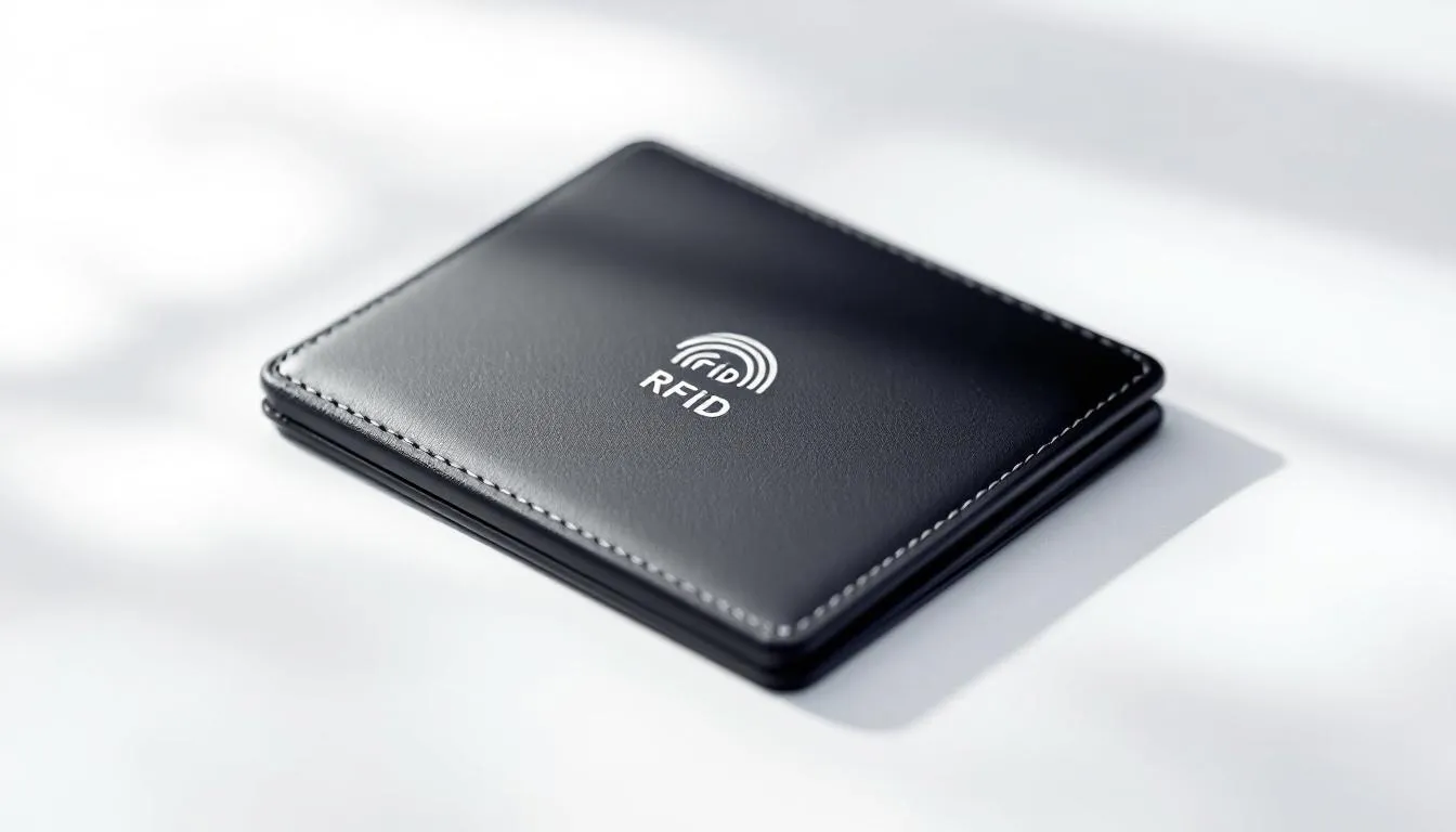 Een close-up van een portemonnee met RFID bescherming en een zichtbaar RFID logo.