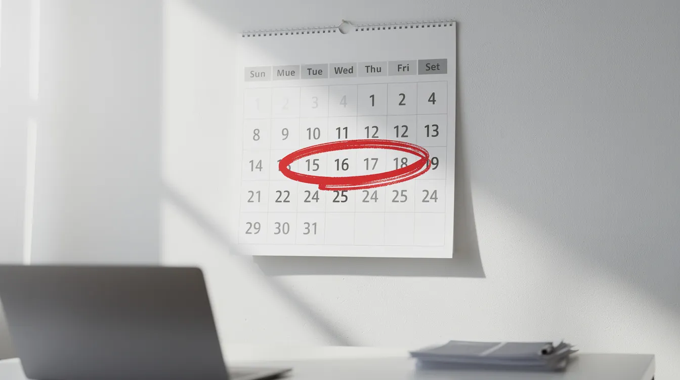 The image shows a wall calendar with a prominent red circle around a specific date, indicating an upcoming deadline. This visual metaphor could symbolize the urgency often experienced in emergency room situations, where timely medical care is crucial to prevent serious injuries or medical malpractice claims.