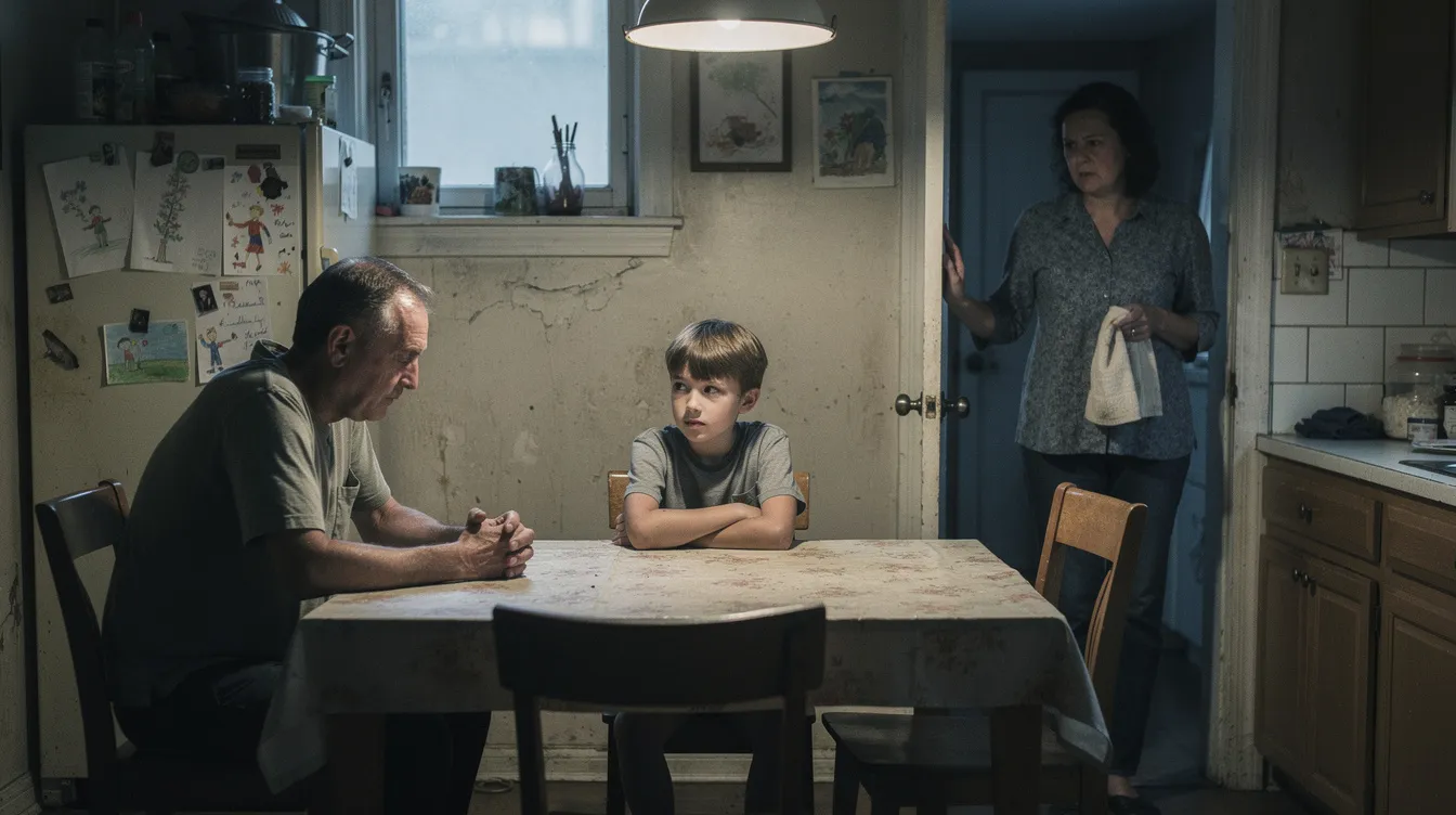 In der bescheidenen Wohnung sitzt ein Vater mit seinem Sohn schweigend am Küchentisch, während die Mutter besorgt im Türrahmen steht. Die Szene vermittelt ein Gefühl von familiärer Anspannung und Sorge, das an die dramatischen Momente der Rocky-Saga erinnert.