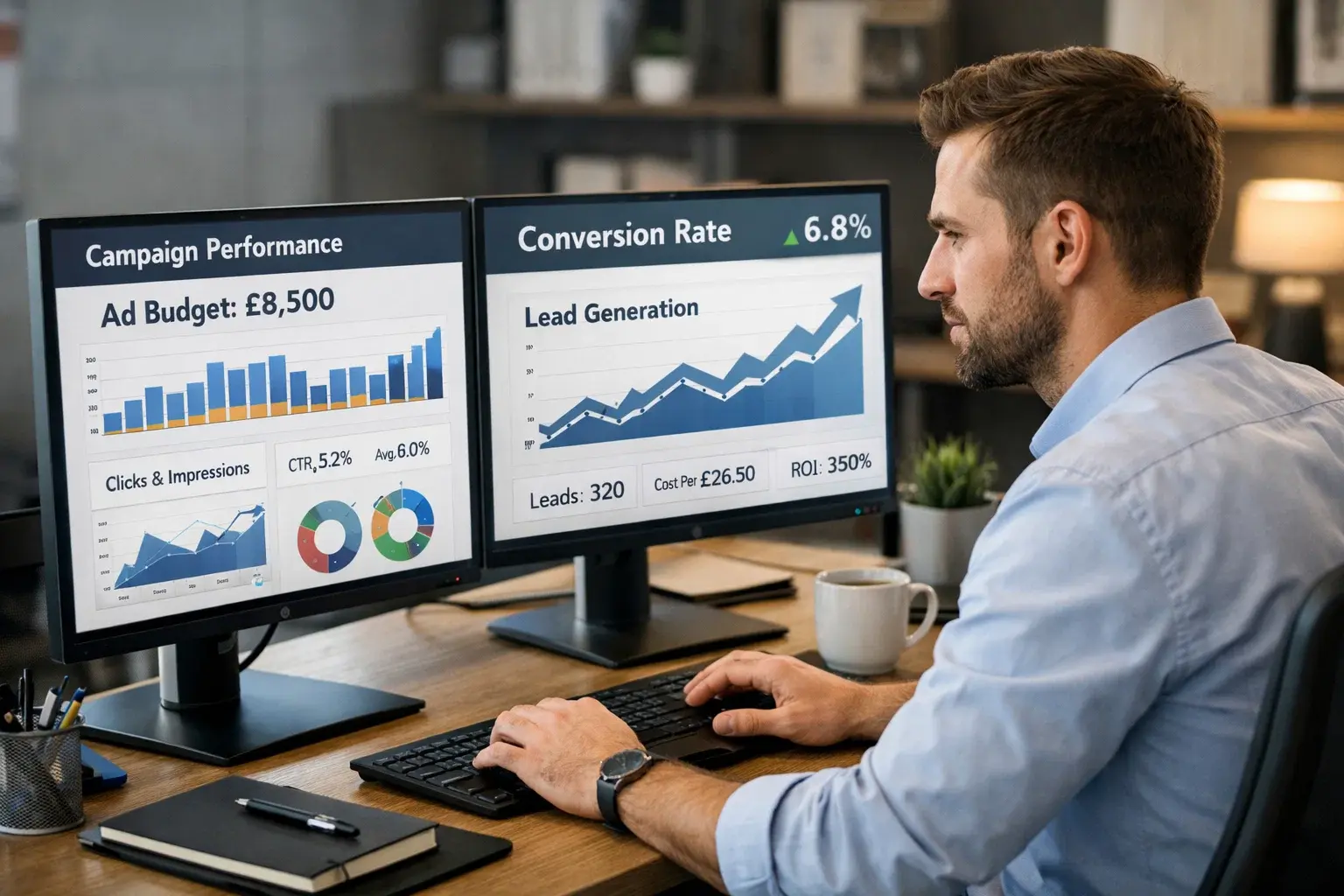 Digital marketing analyst monitoring PPC ad budget and campaign performance metrics.