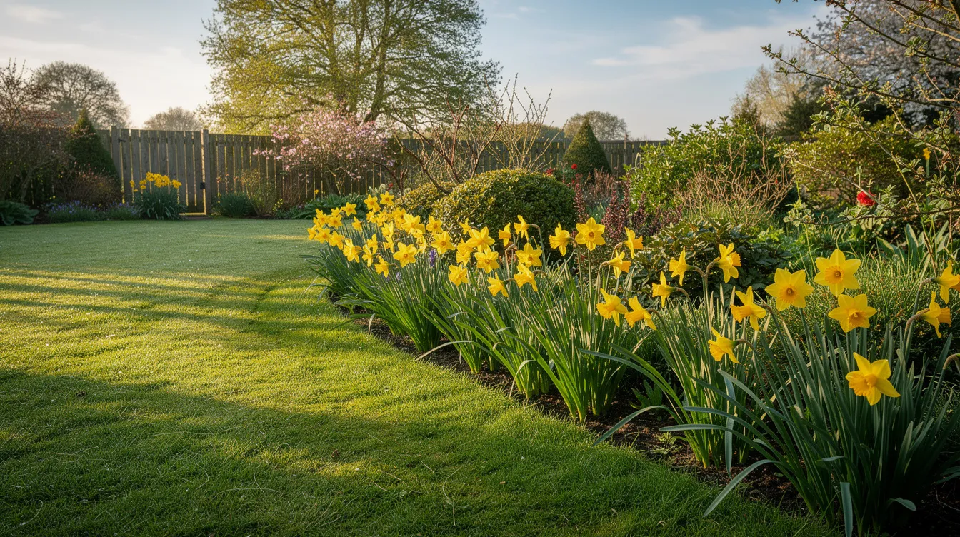 A vibrant UK garden features a lush green lawn on a bright spring morning, bordered by cheerful daffodils. The healthy lawn, ideal for a first mow, showcases wet grass glistening in the early sunlight, inviting thoughts of mowing frequency and maintaining a flower-rich turf.