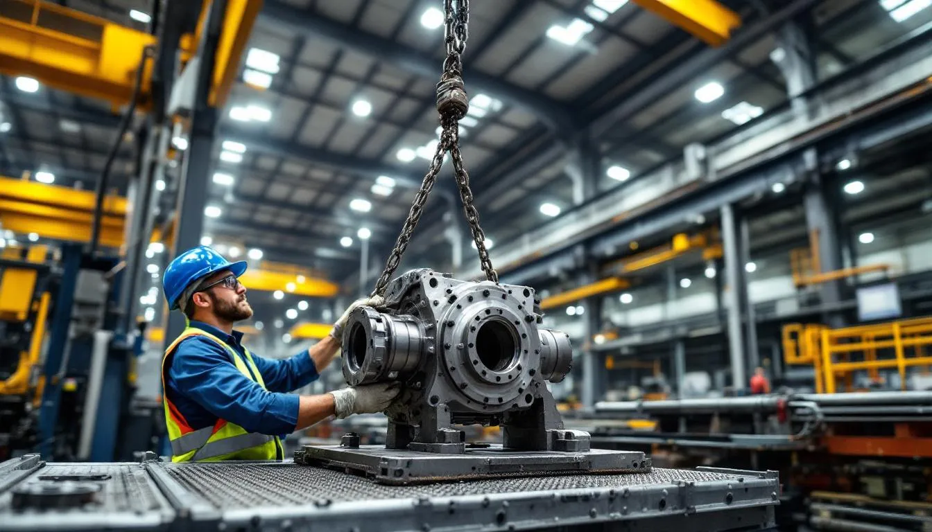 An industrial worker is using an alloy steel chain sling with a self-locking hook to lift heavy machinery in a manufacturing facility, demonstrating safe overhead lifting practices. The worker is focused on maintaining control and ensuring the chain sling is properly seated to prevent slippage during the lifting operation.