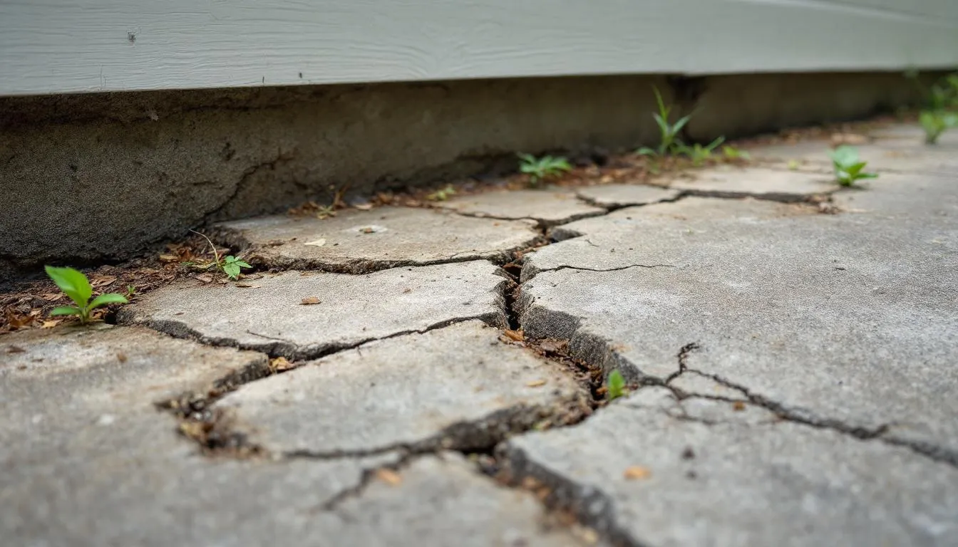 Une fondation de maison fissurée est représentée, montrant des fissures visibles dans le béton, ce qui peut indiquer des problèmes structurels. Ces fissures de fondation peuvent être causées par des mouvements du sol ou des infiltrations d'eau, nécessitant une réparation professionnelle pour prévenir des dommages supplémentaires.