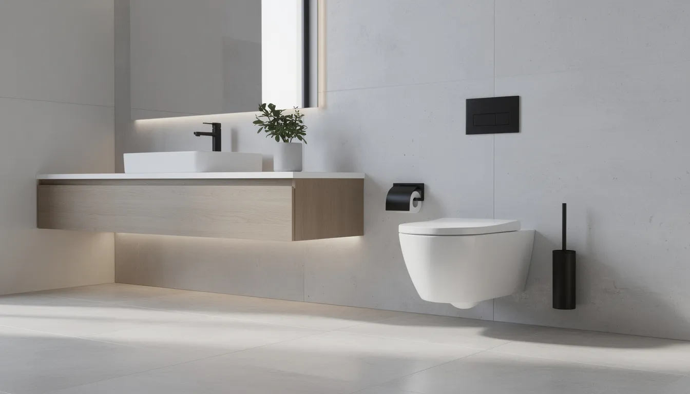 The image depicts a contemporary bathroom featuring a sleek modern toilet with clean lines and a minimalist design, embodying smart bathroom technology. The overall aesthetic reflects a spa-like atmosphere, enhanced by integrated lighting and a focus on optimal hygiene and comfort.