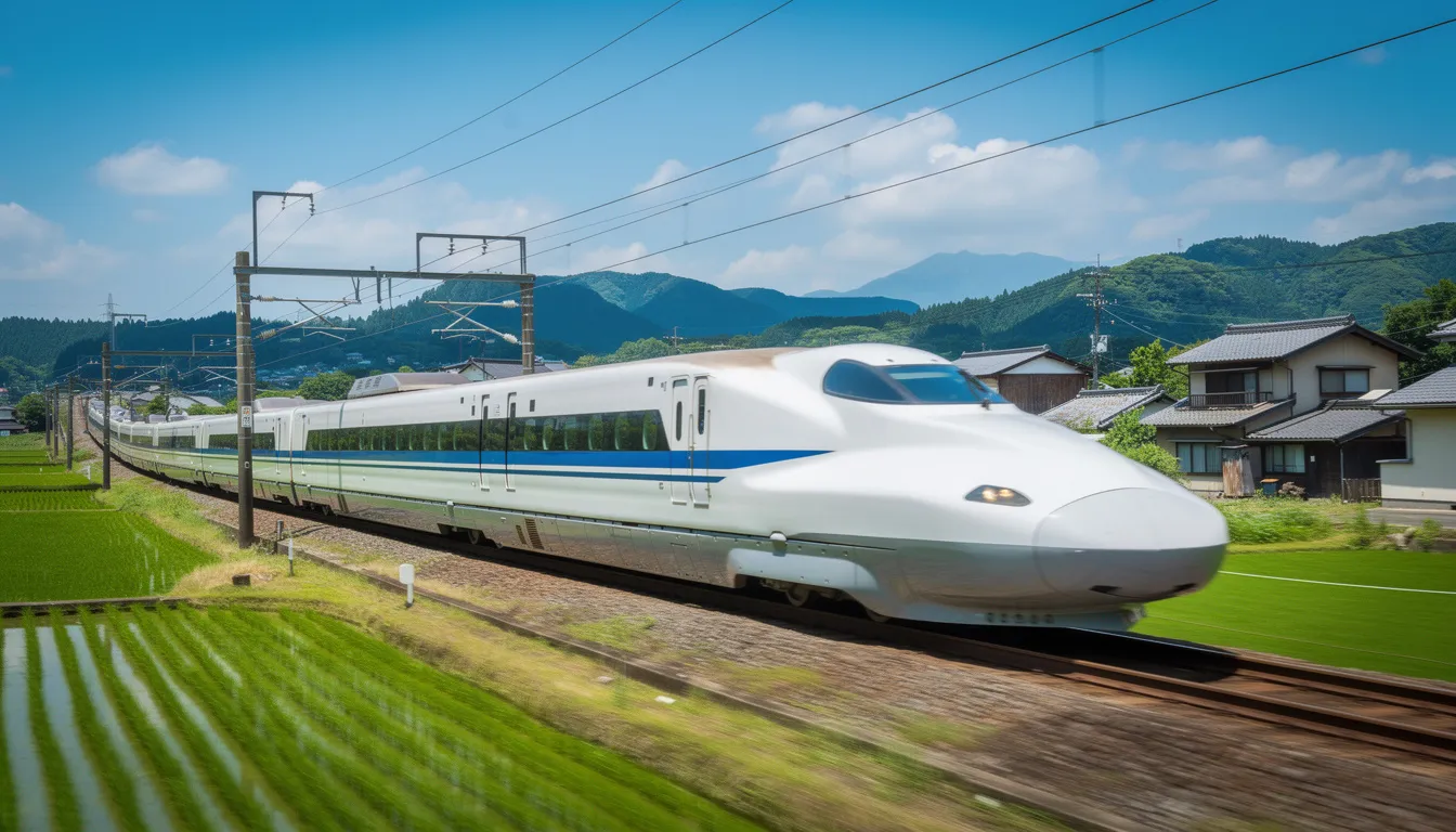 A sleek Japanese bullet train, known as Shinkansen, is speeding through lush green countryside, symbolizing the reliable connectivity and high-speed travel options available in Japan. This scene captures the essence of exploring Japan while staying connected with unlimited data plans and local carriers for seamless internet access.
