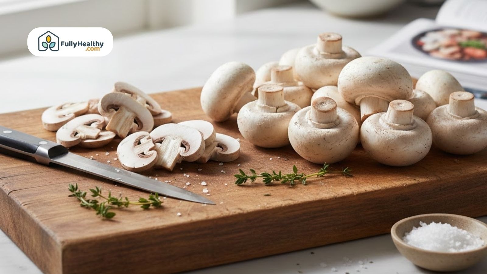 Fresh white button mushrooms on a wooden cutting board with a knife, thyme, and sea salt.