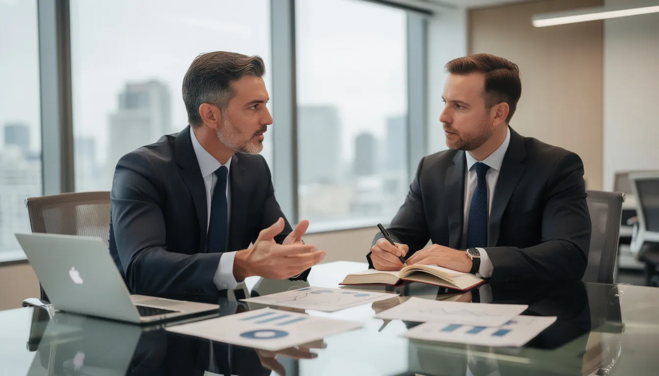 Na obrazie widać dwóch biznesmenów, którzy prowadzą profesjonalną rozmowę konsultacyjną, omawiając kwestie związane z wdrożeniem systemu CRM w ich firmach. Rozmowa koncentruje się na efektywnym zarządzaniu relacjami z klientami oraz automatyzacji procesów sprzedażowych.