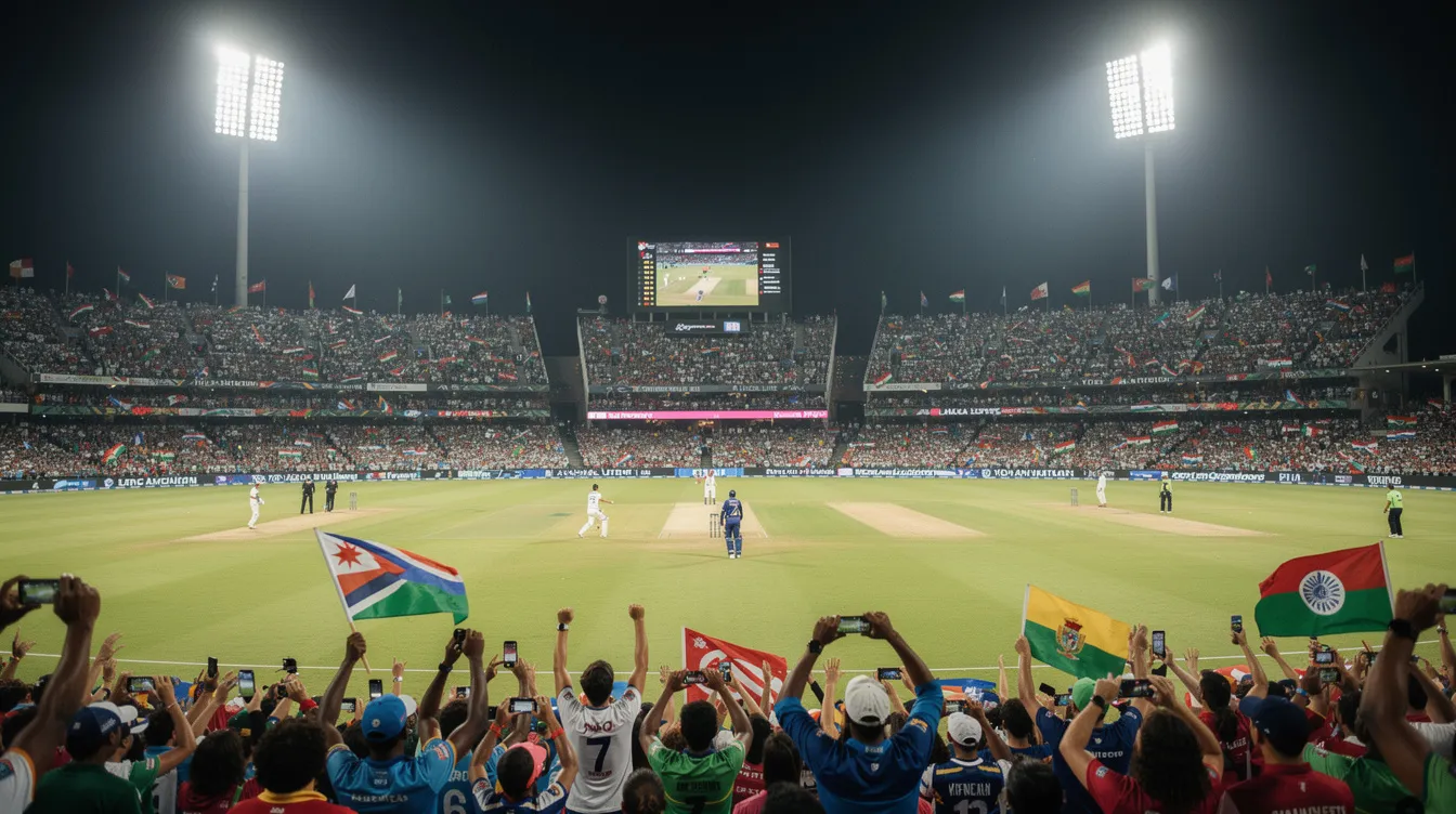 A vibrant cricket stadium is filled with enthusiastic fans, all eagerly watching a match under bright floodlights, creating an electrifying atmosphere for sports enthusiasts. The scene captures the excitement of live sports betting as spectators cheer for their teams, with many likely considering their betting options on popular betting sites.