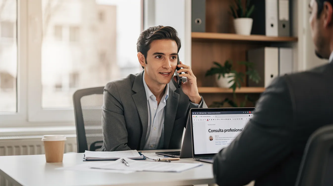 Una persona está hablando por teléfono mientras se encuentra en una consulta profesional, posiblemente relacionada con un accidente que ocurrió durante el trabajo como conductor de Uber Eats o DoorDash. La expresión en su rostro refleja seriedad y concentración, mientras busca información sobre sus derechos y cobertura de seguro.