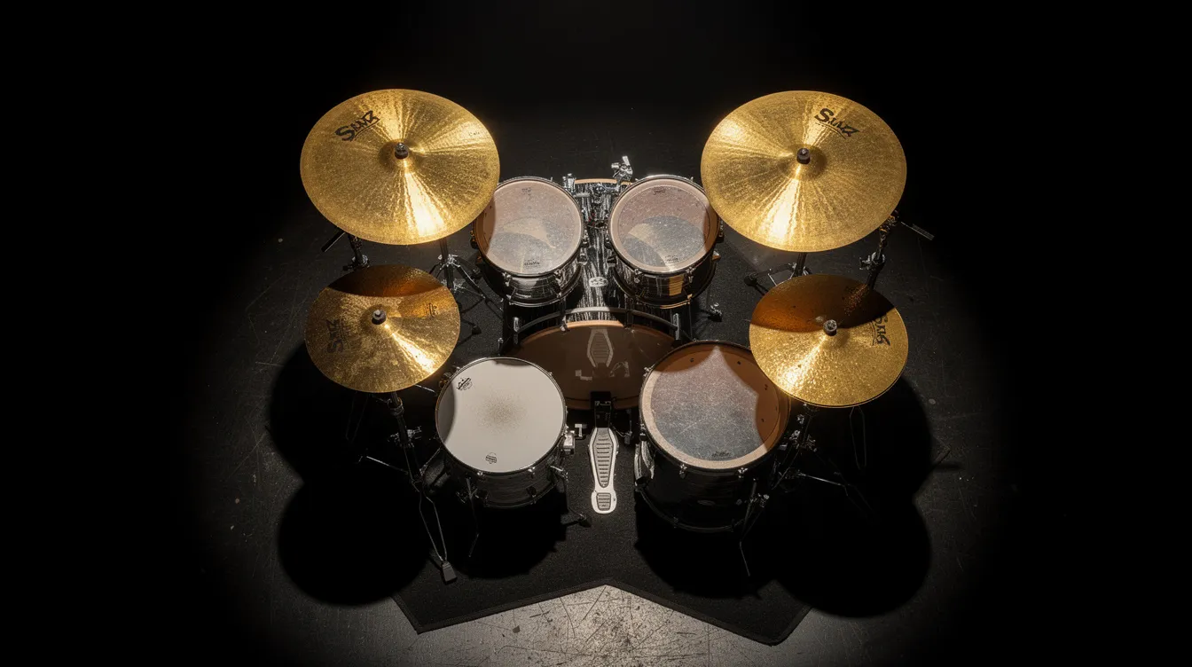 Une vue aérienne d'un kit de batterie complet, mettant en avant des cymbales dorées brillantes, illuminées par un spot de scène. L'ensemble comprend différents types de cymbales, telles que le hi-hat, le crash et le ride, offrant une belle harmonie de sonorités pour les passionnés de musique.