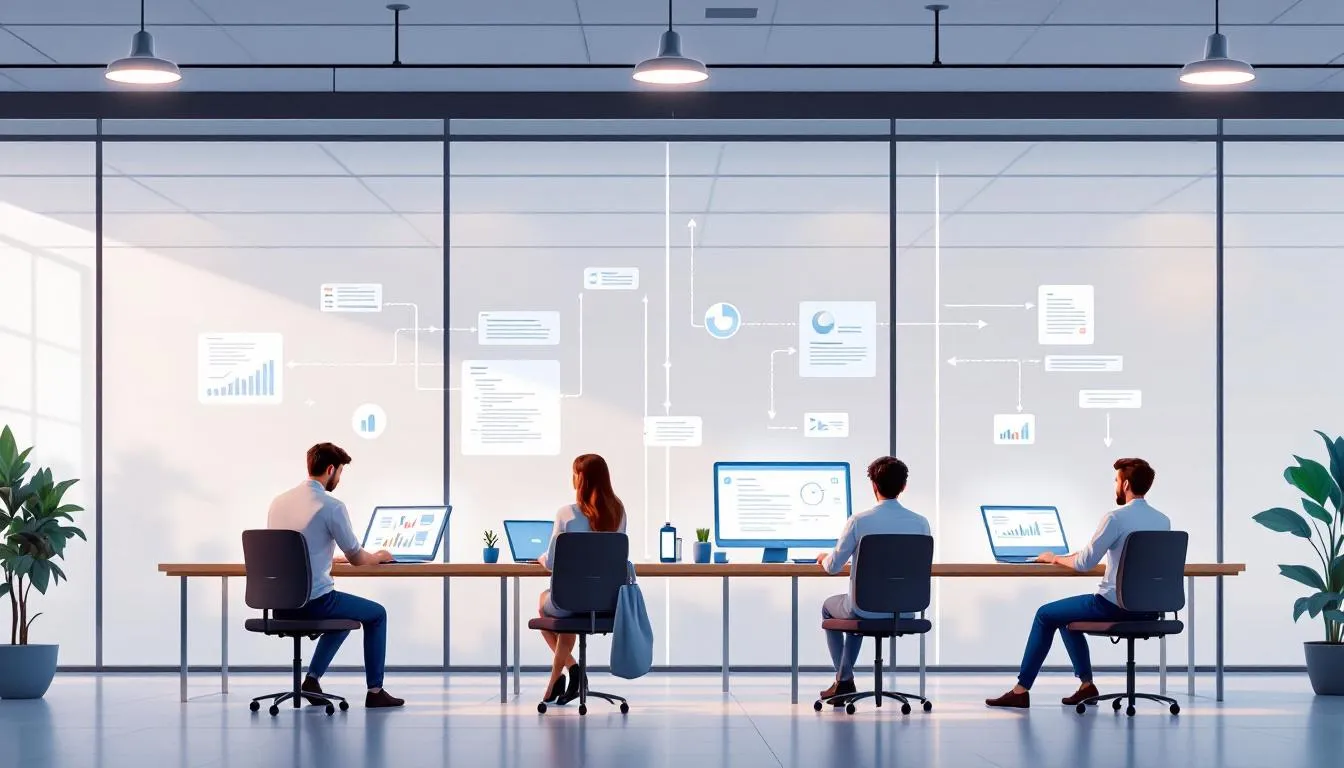 Mitarbeiter arbeiten effizient an Laptops, um die Produktivität zu steigern.