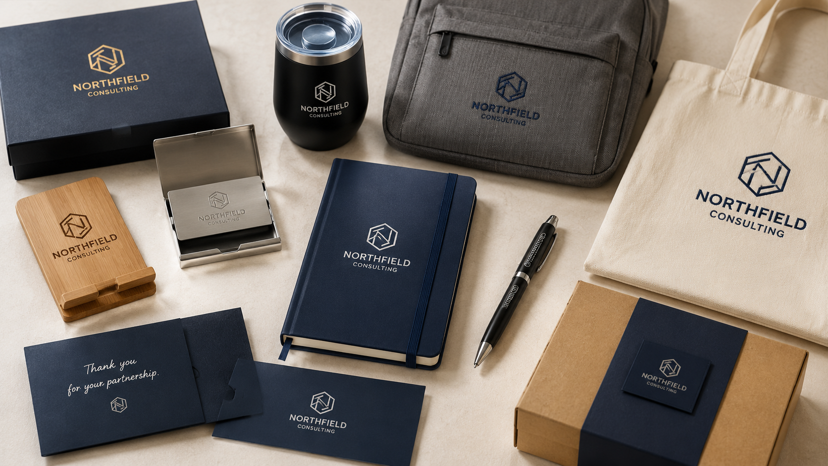 Logo customization shown across a tumbler, backpack, tote bag, notebook, pen, card holder, and packaging