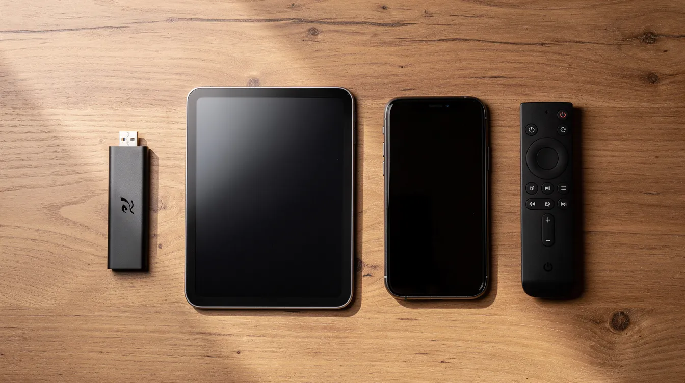 The image features a wooden table displaying an array of streaming devices, including a streaming stick, a tablet, a smartphone, and a TV remote, arranged neatly side by side. This setup highlights the convenience of accessing various IPTV services across multiple devices, ensuring a premium streaming experience for users.