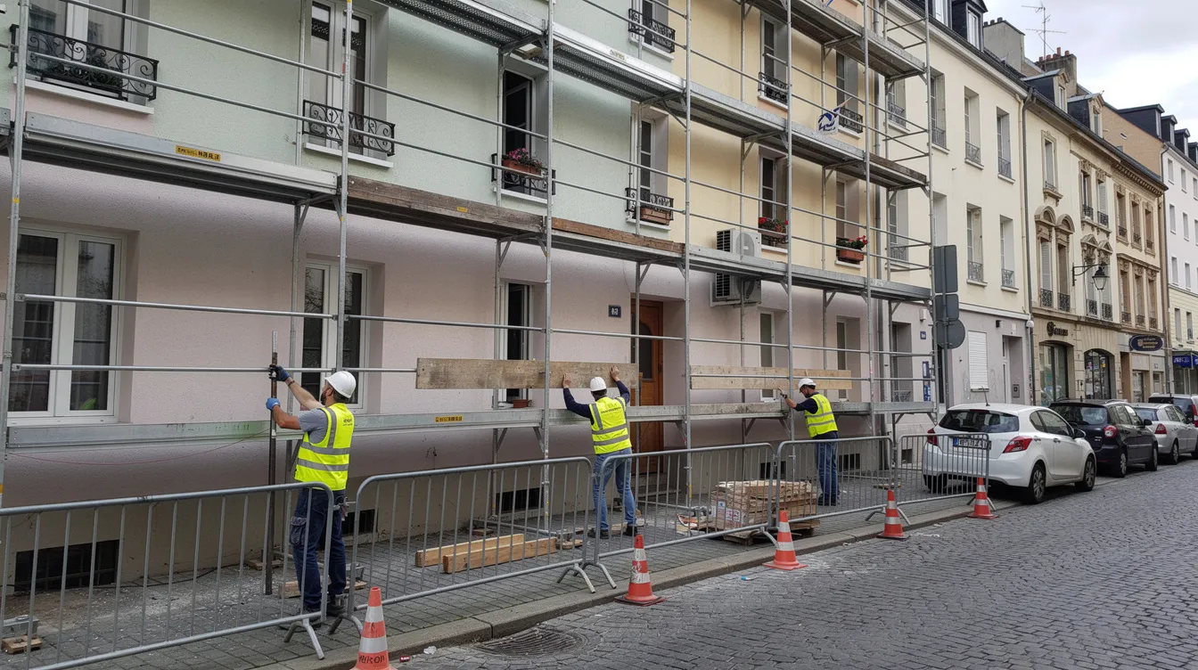 The image depicts construction workers, including foreign workers, assembling scaffolding on a residential building site in a European city. This scene highlights the strong demand for unskilled jobs in construction, offering various job opportunities for skilled and unskilled workers alike.