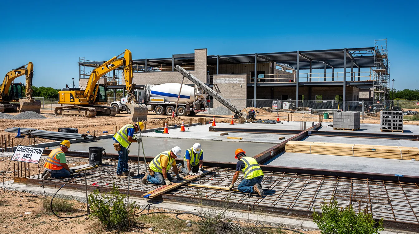 The image depicts construction workers operating heavy equipment at a commercial building site in Central Texas, all under a clear blue sky, highlighting the active construction work and project management involved in complex projects. This scene captures the essence of the construction industry, showcasing the teamwork and resources necessary to keep track of project timelines and ensure quality outcomes.