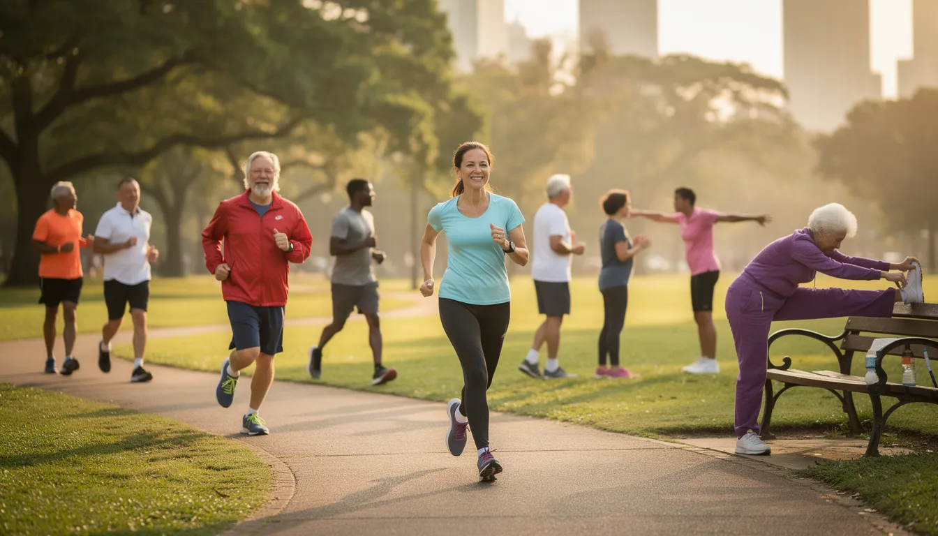 A diverse group of middle-aged and older adults is exercising outdoors in a park, engaging in jogging and stretching under the warm morning light. This scene promotes healthy aging and emphasizes the importance of physical activity for cardiovascular health and overall well-being, supporting longevity and reducing the risk of age-related diseases.