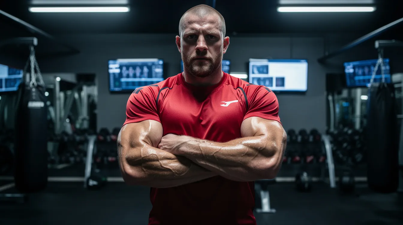 Ein massiver Boxer in einem roten Sporttrikot steht mit verschränkten Armen in einer Trainingshalle, während Neonlicht harte Schatten wirft. Im Hintergrund sind verschiedene Trainingsgeräte und Monitore zu sehen, die die Atmosphäre des Boxens, ähnlich wie in den Kämpfen von Rocky Balboa gegen Ivan Drago, verstärken.
