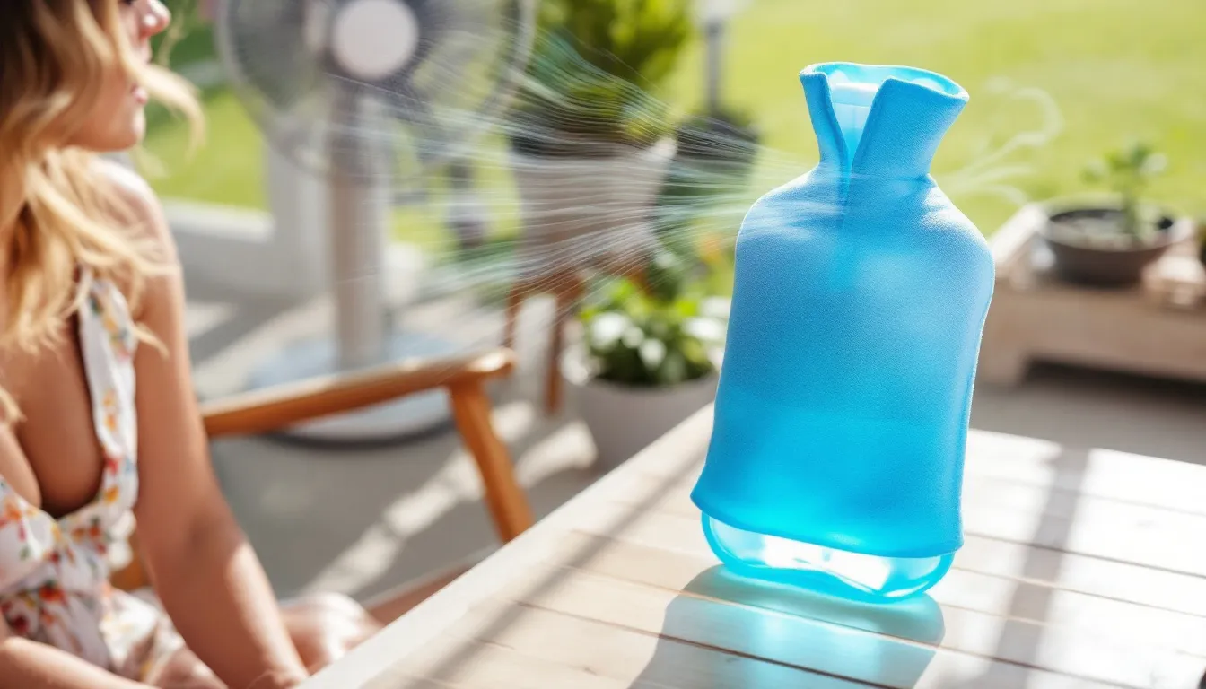 The image showcases creative summer uses for hot water bottles, highlighting how they can be filled with cold water or ice cubes and placed in the freezer to act as a cooling aid on hot days. This versatile bottle emits refreshing cold, making it perfect for keeping cool whilst relaxing or sleeping in warm weather.